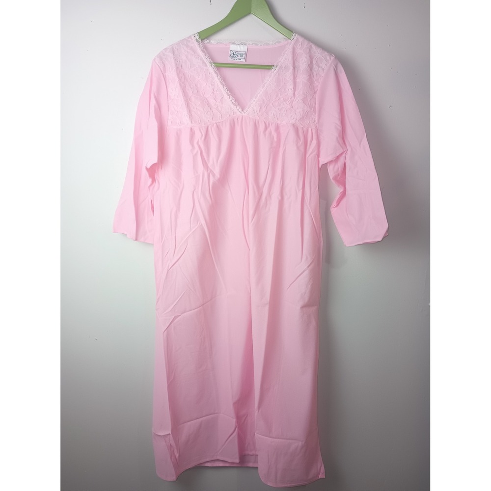 Vintage Haband For Her Pink Lace V-Neck Nightgown Made in USA Large